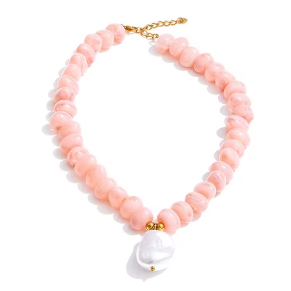 Luxury Blush Pink Gemstone Necklace with Baroque Pearl Pendant - Picture 2 of 5